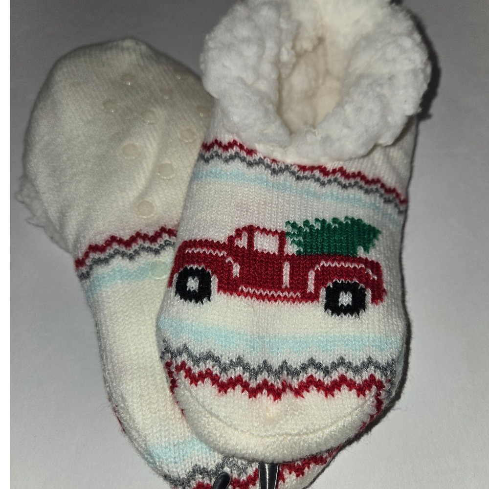 Northeast Outfitters‎ Youth Cozy Cabin Slippers Cream Christmas Truck & Tree